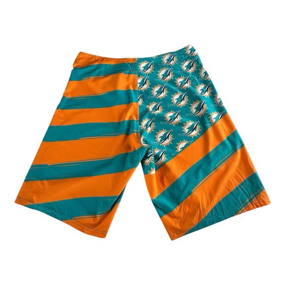 Miami Dolphins NFL Mens 38 Drawstring Diagonal Flag Board Shorts‎ Green Orange - Picture 3 of 12